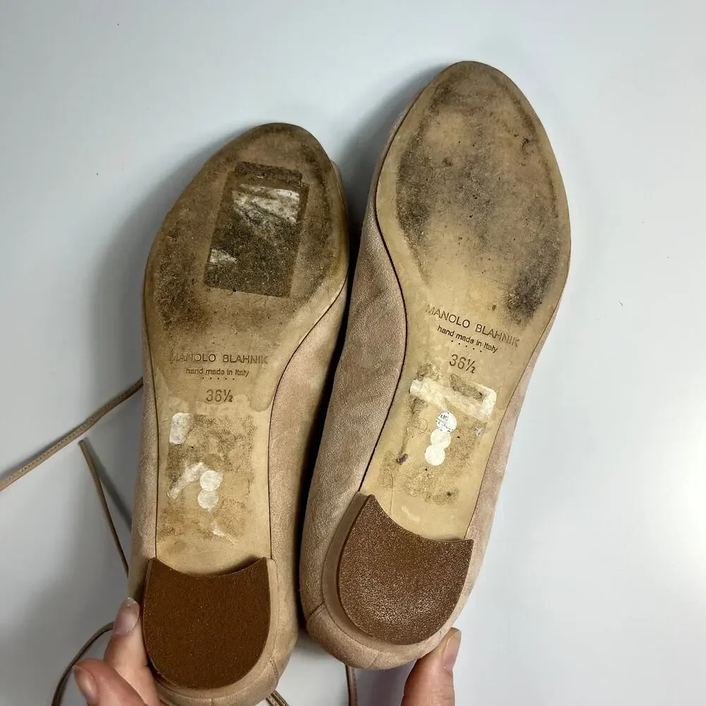 Manolo Blahnik Lace Up Espadrille Flats Peep Toe Suede Nude Size 6 / 36.5 Italy